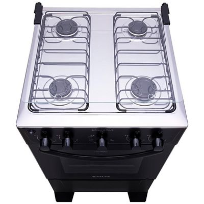 Fogão Atlas 4 Bocas Mônaco Plus com Mesa de Inox e Acendimento Automático Bivolt  Preto