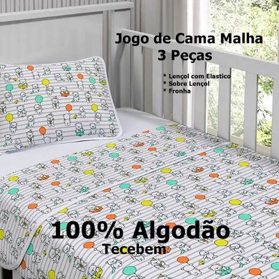 Jogo de Cama Tecebem Malha Berço Estampado Humor 3 Peças Branco