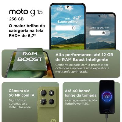 Smartphone Motorola g15 Verde 256GB, 4GB RAM + 8GB Ram Boost e Camera 50MP com AI e Night Vision, 5.200mAh Tela FHD+ 6.7" Superbrilho e NFC