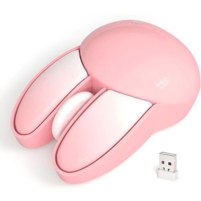 Mouse Sem Fio Rosa Orelhas de Coelho 2.4GHz Ergonômico 1200 DPI