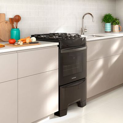 Fogão 4 Bocas Continental Preto Mesa de Vidro, Forno Eco Turbo e Grades Ferro Fundido (FC4GB) Bivolt