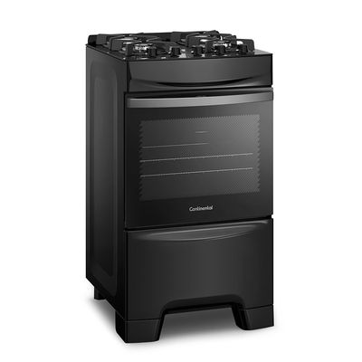 Fogão 4 Bocas Continental Preto Mesa de Vidro, Forno Eco Turbo e Grades Ferro Fundido (FC4GB) Bivolt