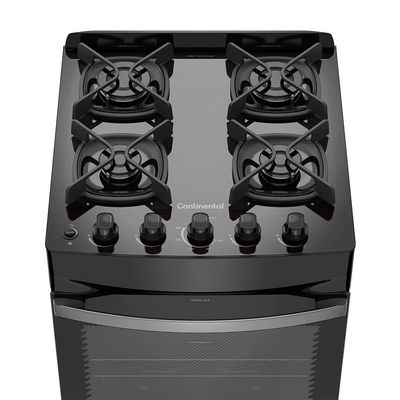 Fogão 4 Bocas Continental Preto Mesa de Vidro, Forno Eco Turbo e Grades Ferro Fundido (FC4GB) Bivolt