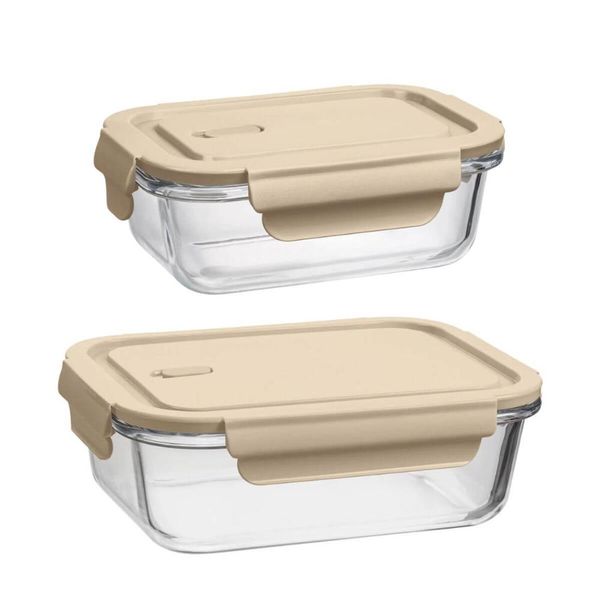 Kit 2 Potes Herméticos de Vidro Retangulares Tampa Capuccino Uz Porta Mantimentos