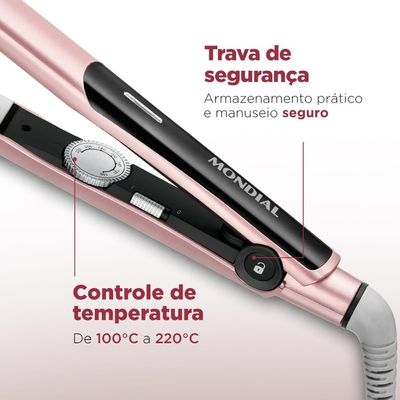 Chapinha | Prancha Mondial Golden Rose P20 Cerâmica 220°C com Emissão de Íons e Cabo Giratório Rosa - Bivolt