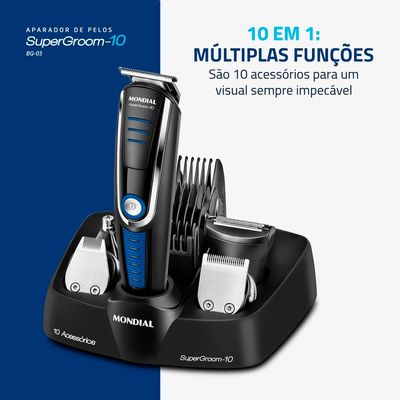 Aparador de Pelos Mondial Super Groom 10 em 1 BG-03 Sem Fio Preto/Azul - Bivolt