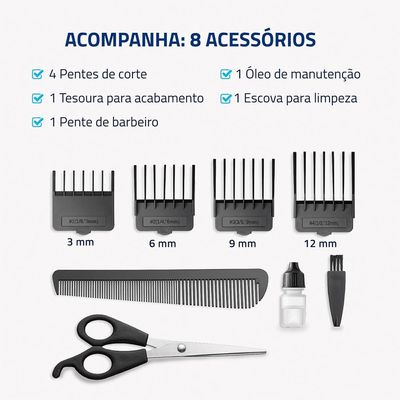 Máquina de Cortar Cabelo Mondial Pratic Style CR-10 com 8 Acessórios, Lâminas em Aço Inox, Bivolt - Azul
