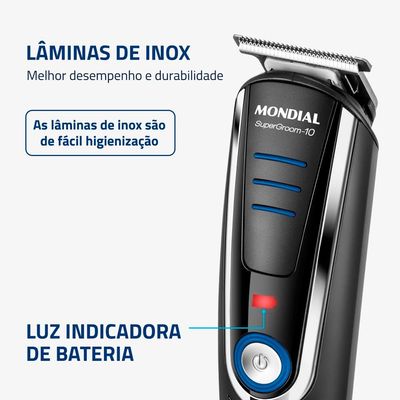 Aparador de Pelos Mondial Super Groom 10 em 1 BG-03 Sem Fio Preto/Azul - Bivolt