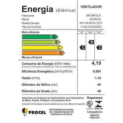 Ventilador de Mesa Mondial Turbo NVT408PB 40cm 8 Pás 3 Velocidades Preto/Prata Prata,Preto / 110