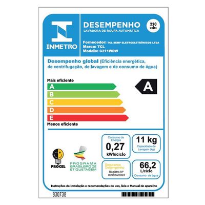 Lava e Seca TCL 11kg/7kg com Motor BLDC Inverter e Sistema Air Wash C311WD - Branca Branco / 220