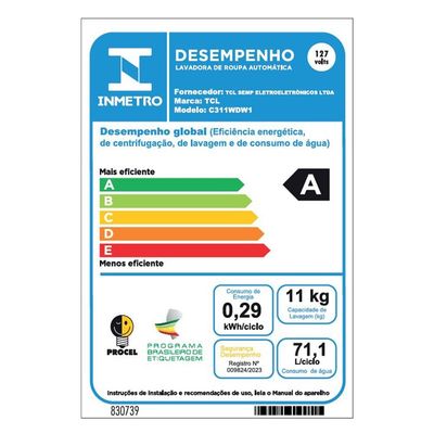 Lava e Seca TCL 11kg/7kg com Motor BLDC Inverter e Sistema Air Wash C311WD - Branca Branco / 110
