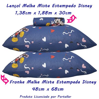 Jogo de Lençol KazzaVip Casal Malha Mista 70% Algodão e 30% Poliéster Estampado Disney Minnie Cupido Kids 3 Peças Azul