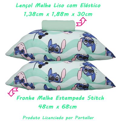 Jogo de Lençol KazzaVip Casal Malha 100% Algodão Play Disney Stitch Fit 3 Peças Verde