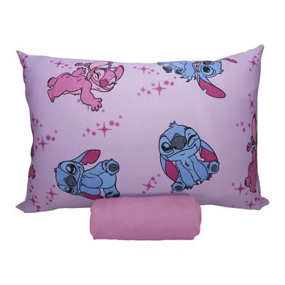 Jogo de Lençol KazzaVip Solteiro Malha 100% Algodão Play Disney Stitch e Angel Love 2 Peças Rosa
