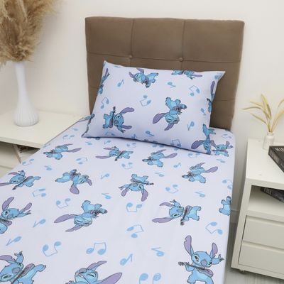Jogo de Lençol KazzaVip Solteiro Malha Mista 70% Algodão e 30% Poliéster Estampado Disney Stitch Song 2 Peças Azul
