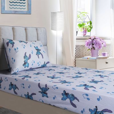 Jogo de Lençol KazzaVip Solteiro Malha Mista 70% Algodão e 30% Poliéster Estampado Disney Stitch Song 2 Peças Azul