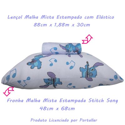 Jogo de Lençol KazzaVip Solteiro Malha Mista 70% Algodão e 30% Poliéster Estampado Disney Stitch Song 2 Peças Azul