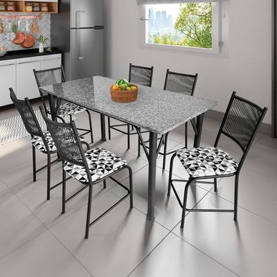 Mesa de Jantar Retangular Famais Noruega com 6 Cadeiras Tampo de Granito Preta