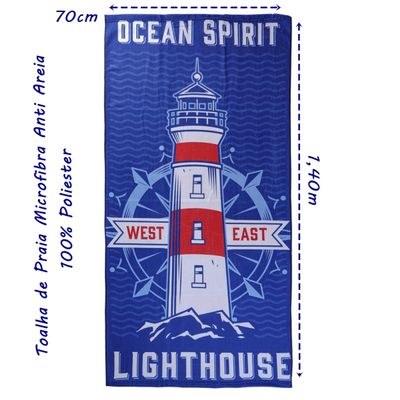 Toalha de Praia KazzaVip Microfibra 100% Poliéster Estampada Anti Areia Lighthouse 70cm x 140m Azul