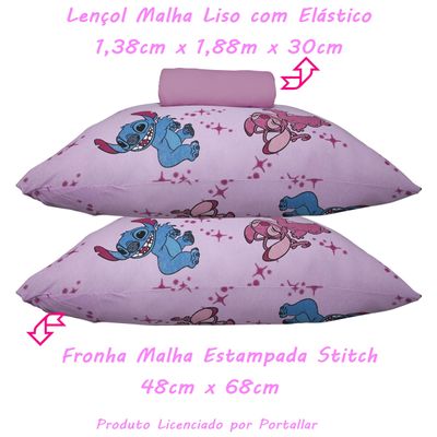 Jogo de Lençol KazzaVip Casal Malha 100% Algodão Play Disney Stitch e Angel Love 3 Peças Rosa