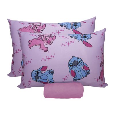 Jogo de Lençol KazzaVip Casal Malha 100% Algodão Play Disney Stitch e Angel Love 3 Peças Rosa