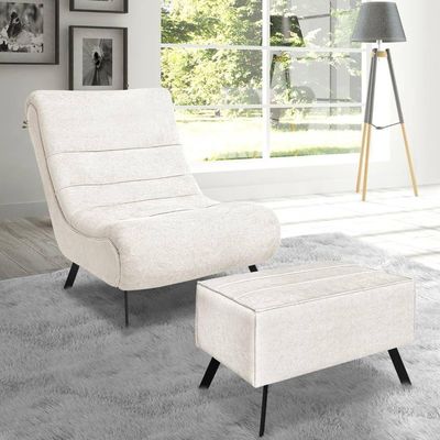 Conjunto Poltrona + Puff Com Pés De Ferro Em Tecido Bouclé Vancouver – Lucadi Off White