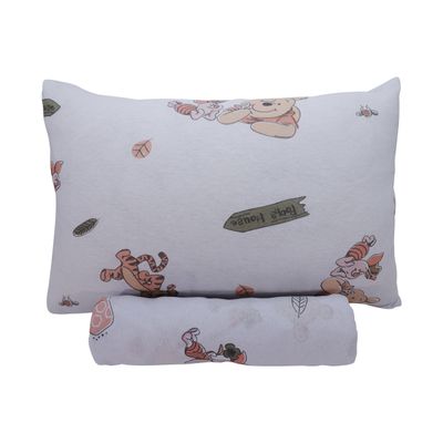 Jogo de Lençol KazzaVip Baby Malha 100% Algodão Berço Americano Estampado Ursinho Pooh Com Elástico 2 Peças Branco