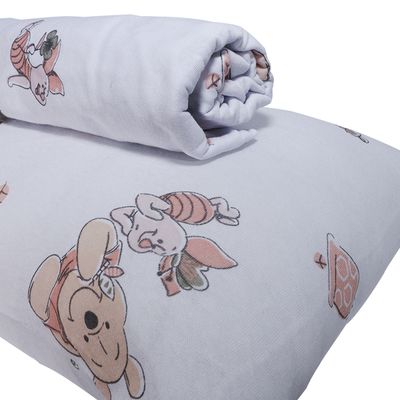 Jogo de Lençol KazzaVip Baby Malha 100% Algodão Berço Americano Estampado Ursinho Pooh Com Elástico 2 Peças Branco