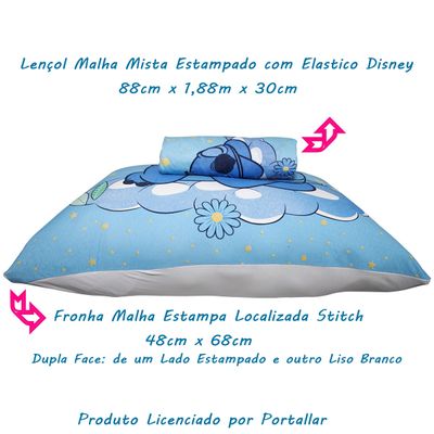 Jogo de Lençol KazzaVip Solteiro Malha Mista 70% Algodão e 30% Poliéster Joy Disney Stitch Dream 02 Peças Azul
