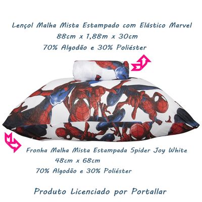 Jogo de Lençol KazzaVip Solteiro Malha  Mista 70% Algodão 30% Poliéster Kids Marvel Spider Joy White 02 Peças Branco
