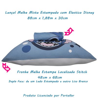 Jogo de Lençol KazzaVip Solteiro Malha Mista 70% Algodão e 30% Poliéster Joy Disney Big Stitch 02 Peças Azul