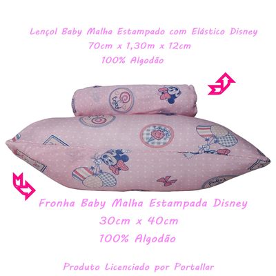 Jogo de Lençol KazzaVip Baby Malha 100% Algodão Berço Americano Estampado Com Elástico 2 Peças Minnie Doce Rosa