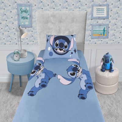 Jogo de Lençol KazzaVip Solteiro Malha Mista 70% Algodão e 30% Poliéster Joy Disney Big Stitch 02 Peças Azul