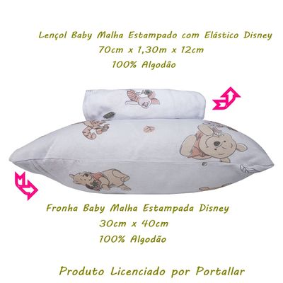Jogo de Lençol KazzaVip Baby Malha 100% Algodão Berço Americano Estampado Ursinho Pooh Com Elástico 2 Peças Branco