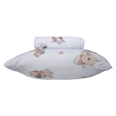 Jogo de Lençol KazzaVip Baby Malha 100% Algodão Berço Americano Estampado Ursinho Pooh Com Elástico 2 Peças Branco