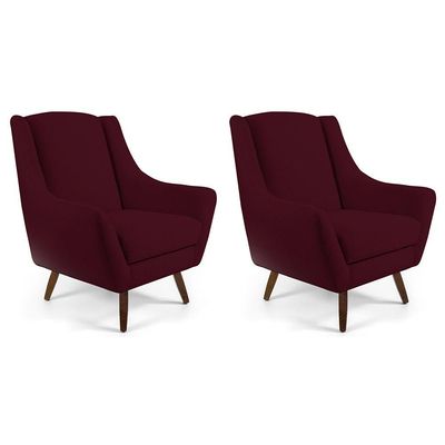 Kit 02 Poltronas Decorativas Sala de Estar Pés de Madeira Naomi Veludo Marsala - Gran Belo