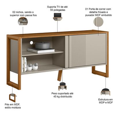 Rack Para Sala de Estar TV 55 Pol 141cm Golden L05 Nature Off White - Lyam Decor