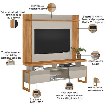 Rack Para Sala Com Painel Para TV 55 Pol Esmirna L05 Nature Off White - Lyam Decor