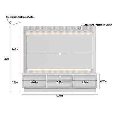Estante Home Para TV 75 Pol Ripado com LED 215cm Coimbra L05 Nature Off White - Lyam Decor