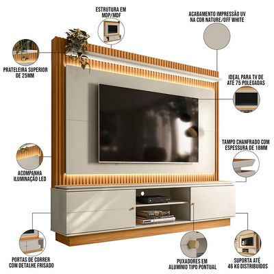 Estante Home Para TV 75 Pol Ripado com LED 215cm Coimbra L05 Nature Off White - Lyam Decor