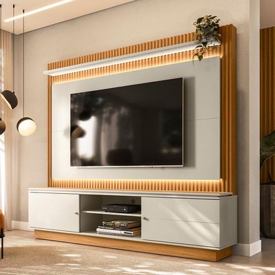 Estante Home Para TV 75 Pol Ripado com LED 215cm Coimbra L05 Nature Off White - Lyam Decor