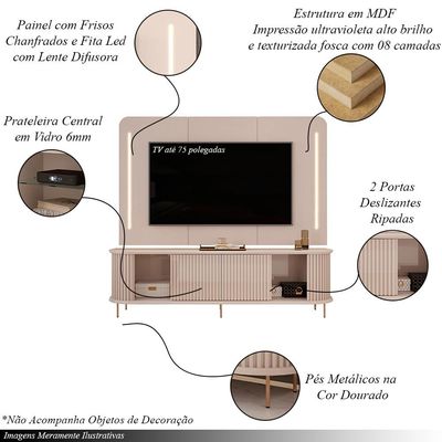 Painel com Bancada Sala de Estar 218cm Saitama para TV até 75 com Portas Ripadas e LED Off White G18 - Gran Belo