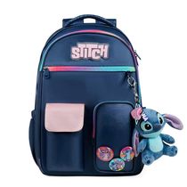 Kit Mochila Escolar, Lancheira Térmica  e Estojo Box Feminino Grande Stitch Azul