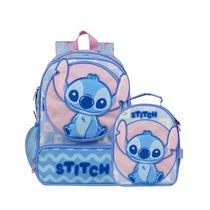 Kit Mochila Escolar e Lancheira Térmica Infantil Feminina Stitch Baby Azul Clara