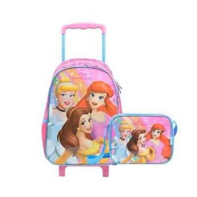 Kit Mochila de Rodinha e Lancheira Térmica Infantil Feminina Princesas Rosa