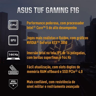 Notebook Gamer 16” Asus TUF Gaming F16 FX607VJ-RL002 Intel Core 5 210H 8GB RAM 512GB SSD RTX 3050 Mecha Gray