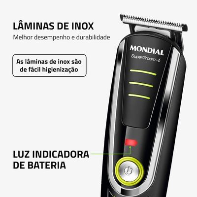 Aparador de Pelos Mondial Super Groom 6 em 1 BG-04 Sem Fio Preto/Verde - Bivolt