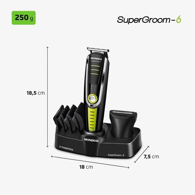 Aparador de Pelos Mondial Super Groom 6 em 1 BG-04 Sem Fio Preto/Verde - Bivolt