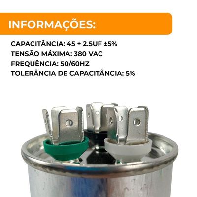 Capacitor 45 + 2,5uf 380v - 2 Saídas Único