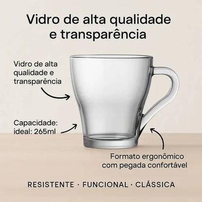 Kit com 12 Canecas de Vidro 265ml Café Chá Leire Cappuccino